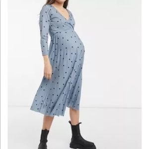 ASOS Maternity long sleeve pleated midi wrap dress in dusty blue spot print